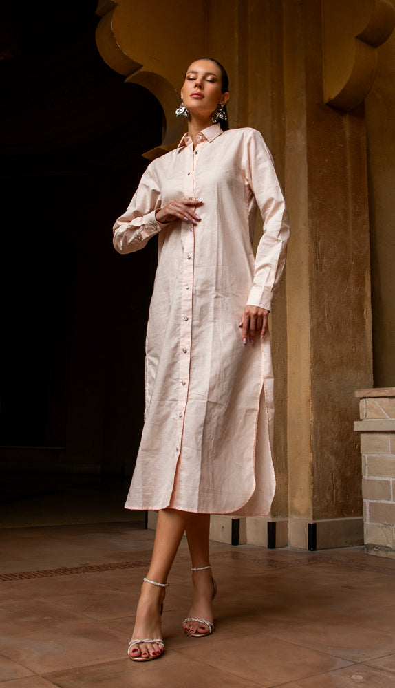 Pink Elegant Mid-Length Shirt Dress