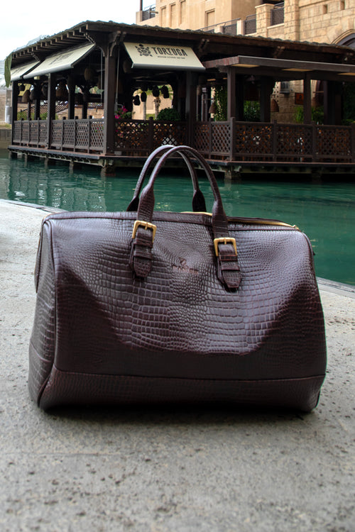 MYSTIC MIRAGE - BROWN Luxury Crocodile-Embossed Leather Duffel Bag