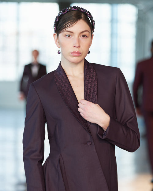 Dark purple women's dress paints suit with patterned lapel...Ready for any elegant occasion....