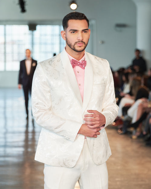 Sophisticated white pattern tuxedo suit.