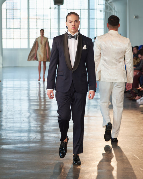 Classy dark blue tuxedo with hand beaded bowtie